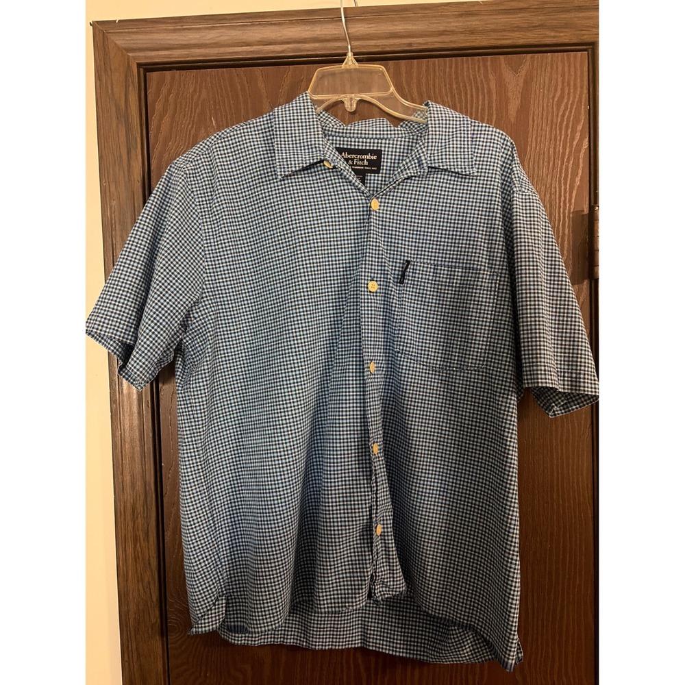 Abercrombie & Fitch Button Down Shirt Mens L Blue Gingham Excellent Short Sleeve